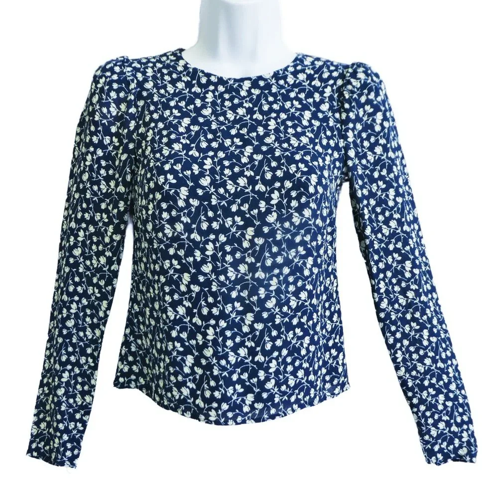 Reformation USA Floral Puff Long Sleeve Top Cutout Keyhole Button Zipper Back XS